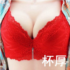 Deep V sexy ladies small chest close Furu adjustable underwear wireless ultra thick thickening gather bra cups Red with no rims 38A/85A