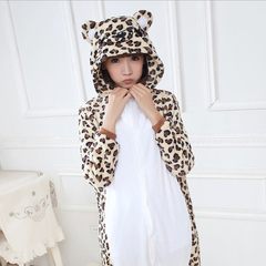 Autumn and winter flannel cartoon animals conjoined pajamas, cute adult toilet, men and women coral velvet home wear XL with shoes [height 175-184] Leopard bear