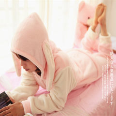 Cartoon rabbit conjoined pajamas Korean female students in autumn and winter loose lovely princess coral velvet autumn home clothing M Pink