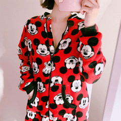 In autumn and winter, Siamese zipper, cartoon Mickey, thickening coral velvet pajamas, women's flannel suit, long sleeve home wear M 928# red Siamese Mickey