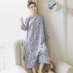 Cartoon female leotard loose cotton long sleeved button fat XL Long Nightgown Pajamas Home Furnishing winter clothes L 779 ash # bottle