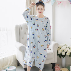 Cartoon female leotard loose cotton long sleeved button fat XL Long Nightgown Pajamas Home Furnishing winter clothes L 792 # blue ball