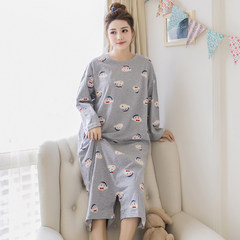 Cartoon female leotard loose cotton long sleeved button fat XL Long Nightgown Pajamas Home Furnishing winter clothes L 781 gray # crayon
