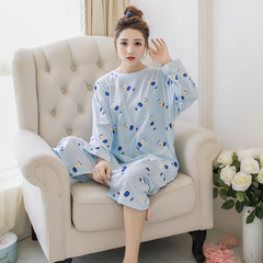 Cartoon female leotard loose cotton long sleeved button fat XL Long Nightgown Pajamas Home Furnishing winter clothes L 779 # blue bottle