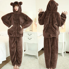 In autumn and winter, coral velvet pajamas, women's long sleeves, thickening plush, cartoon lovely conjoined warm winter clothing suit L code Bear coffee