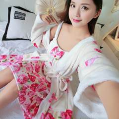 Thickened Coral Fleece Pajamas female autumn winter Nightgown cute cartoon flannel gown two piece suit Home Furnishing bathrobe M code [85-100 Jin] Two-piece robe of roses [YF]