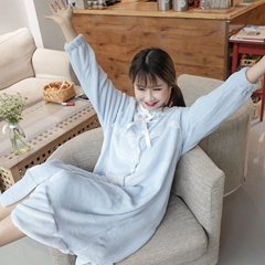 New Korean dress with loose and long sleeve pajamas nightdress casual clothing Home Furnishing cashmere robe woman students F blue