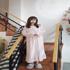 Korean winter pajamas dress dress with loose long sleeved cashmere clothing ladies leisure Home Furnishing student Nightgown Robe F Pink
