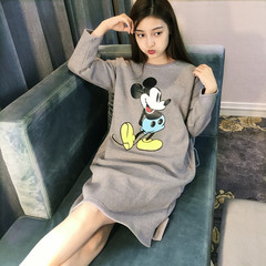 Korean female Nightgown in autumn and winter sweet long sleeved cotton pajamas autumn fresh students can wear clothing Home Furnishing 160 (M) Long sleeve grey Mickey skirt