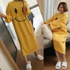 Korean female Nightgown in autumn and winter sweet long sleeved cotton pajamas autumn fresh students can wear clothing Home Furnishing 160 (M) Long sleeve yellow smiley skirt