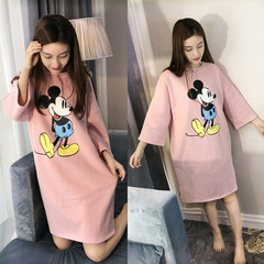 Korean female Nightgown in autumn and winter sweet long sleeved cotton pajamas autumn fresh students can wear clothing Home Furnishing 160 (M) Long sleeve powder Mickey skirt