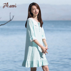 Dingguagua Ms. long sleeved cotton Nightgown during the spring and autumn winter long loose cotton pajamas Home Furnishing skirt girl students XL/170 Light blue with mid sleeves and lotus leaves