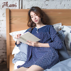 Dingguagua Ms. long sleeved cotton Nightgown during the spring and autumn winter long loose cotton pajamas Home Furnishing skirt girl students XL/170 Dark blue dots