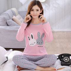 Every day special pajamas, ladies long sleeve pants, pure cotton cartoon big size home clothes, spring and autumn cotton two suits S Long sleeve suit: Double rabbit Polka Dots