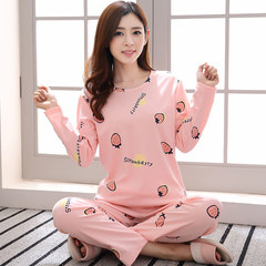 Casual cotton pajamas, women's autumn big size long sleeve trousers set, Korean lady's Cotton autumn winter cartoon home wear M code (weight 80-100 Jin) Pink strawberry: long sleeved suit