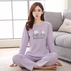 Casual cotton pajamas, women's autumn big size long sleeve trousers set, Korean lady's Cotton autumn winter cartoon home wear M code (weight 80-100 Jin) Bear: purple long sleeved suit