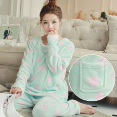 Coral flannel pajamas, cute summer dress, long sleeved home dress, cartoon students autumn winter suits L [no fading] Emerald green