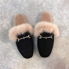 2017 new autumn flat bottomed rabbit hair shoes, winter slippers, women's shoes, Korean fashion, wear lazy people, semi mop Thirty-six black