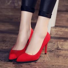2017秋季新款韩版红色高跟鞋性感黑色绒面细跟尖头少女百搭单鞋女 35 红色