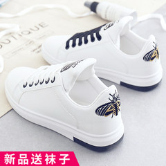 2017 New Street embroidered white shoe autumn Korean female students based all-match a white shoe leather shoes Thirty-eight White black (collection, shopping cart socks)