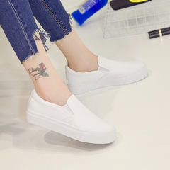 2017 autumn new style happy shoes female Korean version leisure canvas shoes, British thick bottom lazy shoes, one foot push female shoes Thirty-eight white