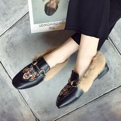 Europe and the United States in the autumn of 2017 new square embroidered flowers flat shoes female metal buckle lazy warm Maomao shoes tide Thirty-eight Black (CAT)