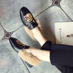 Europe and the United States in the autumn of 2017 new square embroidered flowers flat shoes female metal buckle lazy warm Maomao shoes tide Thirty-eight Black (tiger)