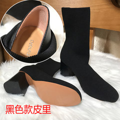 In the spring and autumn boots boots 2017 new all-match socks shoes with thick high-heeled boots elastic knitting yarn Thirty-eight Black (leather)