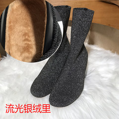 In the spring and autumn boots boots 2017 new all-match socks shoes with thick high-heeled boots elastic knitting yarn Thirty-eight Silver streamer (velvet, suitable for winter)