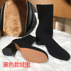 In the spring and autumn boots boots 2017 new all-match socks shoes with thick high-heeled boots elastic knitting yarn Thirty-seven Black (velvet, suitable for winter)