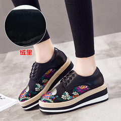 Platform shoes fall 2017 new European female British wind station increased high thick soled casual shoes embroidered shoes Merchandiser Thirty-eight Black velvet