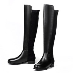 Knee boots boots boots boots single elastic spring and autumn shoes 2017 new high boots boots Flat Boots children Thirty-eight Black leather