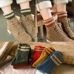 Autumn and winter thickening of women's socks, Sen Department of retro pure cotton socks, ladies in tube wool socks, Korean version of two bar socks 5XL (280 Jin) Thick line parallel bars (optional color, message note)