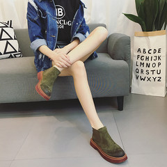 Scrub boots in spring and autumn, 2017 female new shoes Korean all-match Europe British style Harajuku Martin boots flat Thirty-eight Green inner velvet
