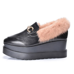 Platform shoes fall 2017 female fur shoes with high-heeled shoes all-match Korean cashmere rabbit female British winter Thirty-eight Black bottom Huang Tumao