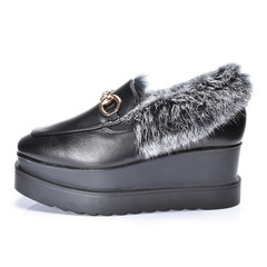 Platform shoes fall 2017 female fur shoes with high-heeled shoes all-match Korean cashmere rabbit female British winter Thirty-eight Black grey hair