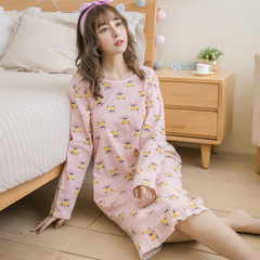 Spring and autumn Korean female cotton long sleeved Nightgown size loose clothes wear cute cartoon Home Furnishing long pajamas L Pink 800# bear