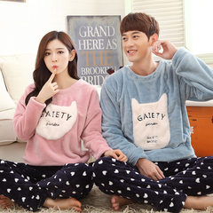 Autumn and winter coral-velvet lovers pajamas thickened flannel suit cartoon men and women with large head and large size home wear Korean version of women`s XL blue pink cat fur