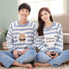 Autumn and winter coral-velvet lovers pajamas thickened flannel suit cartoon men and women with large head and large size home wear Korean version of women`s XL blue stripe velvet