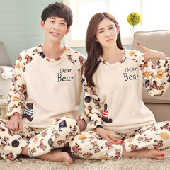 Autumn and winter coral-velvet pair pajamas thickened flannel suit cartoon men and women big size home wear Korean women`s version XL beige bear fur