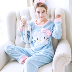 Autumn and winter pajamas, winter long sleeved coral velvet, sweet and lovely cartoon home dress flannel thickening warm suit L (96-112 Jin) Blue KT cat