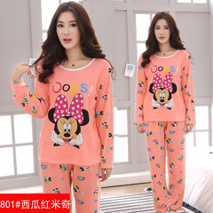 Spring and autumn pajamas, women's pure cotton long sleeves, fat MM200 Jin thin cartoon family clothes, add fertilizer, increase code loose suit 4XL code [175-210 Jin] 801# watermelon red Mickey