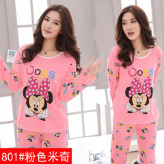Spring and autumn pajamas, women's pure cotton long sleeves, fat MM200 Jin thin cartoon family clothes, add fertilizer, increase code loose suit 4XL code [175-210 Jin] 801# pink Mickey