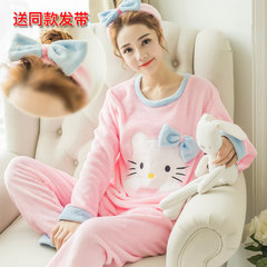 Pajamas girl winter coral velvet home dress, spring and winter flannel lovely cartoon thickening casual Korean version, wearing suit [two sets minus six yuan] KT cat red
