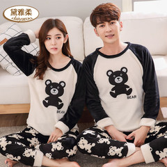 Lovers flannel pyjamas women winter cartoon lovely thickened coralline large size men`s and women`s long-sleeve home wear suit fattening female style: XXL champagne color