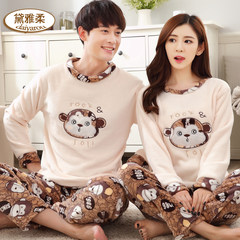 Lovers flannel pyjamas women winter cartoon lovely thickened coralline large size men`s and women`s long-sleeve home wear suit fattening female style: XXL light brown