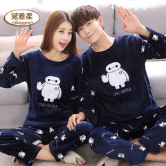 Lovers flannel pyjamas women winter cartoon lovely thickening coralline large size men`s and women`s long-sleeve home wear suit fattening female style: XXL velvet 05 black and blue white
