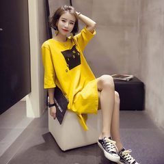 Summer lady cotton short sleeved Long Nightgown Pajamas fresh sweet and lovely cartoon Korean students of liberal code M Yellow five point sleeves [Premium Edition]