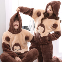 Autumn and winter lovers pajamas thickening coral velvet cute cartoon cap long sleeved male panda home suit Male XXL code [160-200 Jin] Y174 monkey
