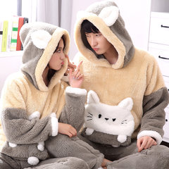 Autumn and winter coral velvet pajamas, long sleeve men, thickening big yards, cartoon lovely flannel women's home suit Male XXL code [high 175-185 heavy 155-185] 393-394 cats